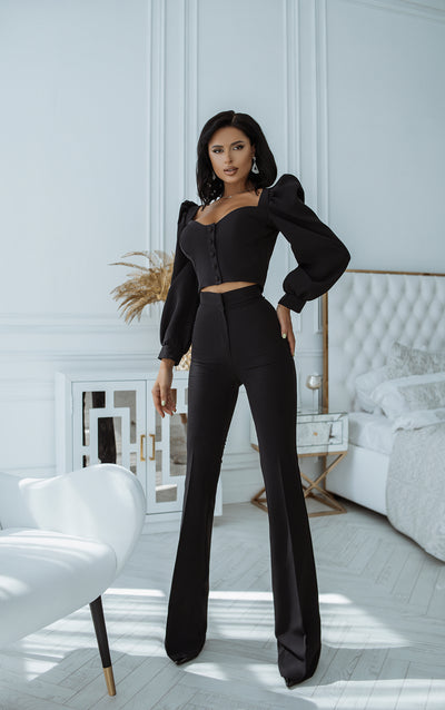 Black SWEETHEART TOP & FLARED PANTS 2-PIECE SET (ARTICLE C379)