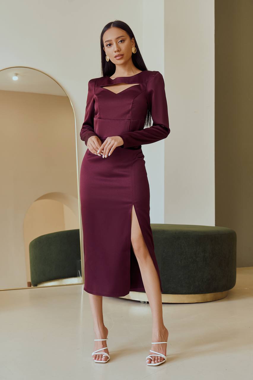 Bordeaux SATIN LONG SLEEVE MIDI DRESS (ARTICLE 342)