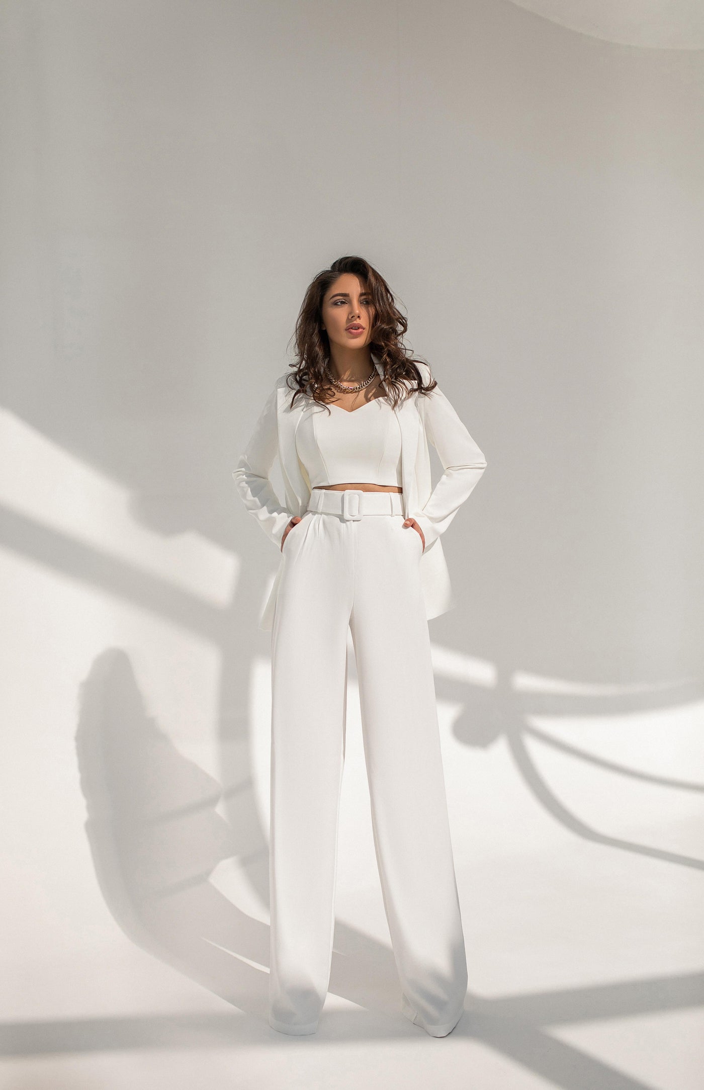 White Belted Wide-Leg Suit 2-Piece (article 030)