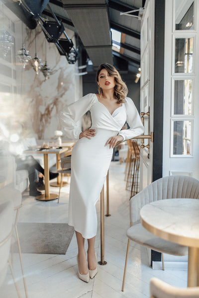 White Puff-Sleeve Midi Dress (article 256)