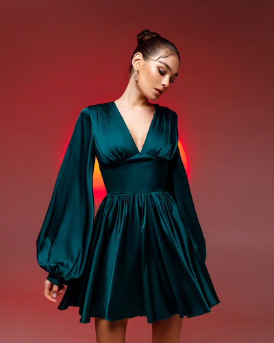 Emerald Silk Puff Sleeve Mini Dress (article 351)