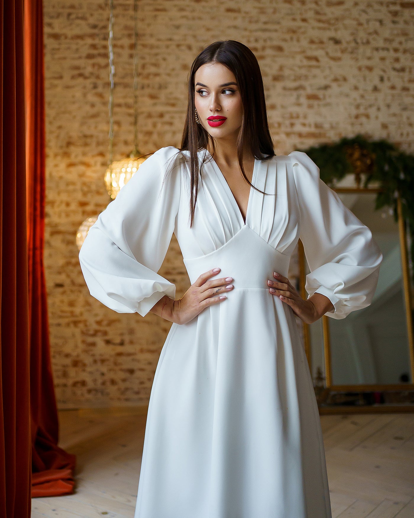 White V-NECK PUFF-SLEEVE MIDI DRESS (ARTICLE 352)