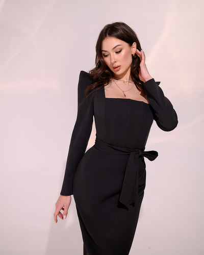 Black SQUARE NECK PUFF-SLEEVE MIDI DRESS (ARTICLE 318)