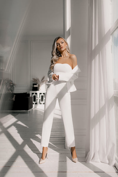 White 2-PIECE SATIN TRIM SUIT (ARTICLE C218)