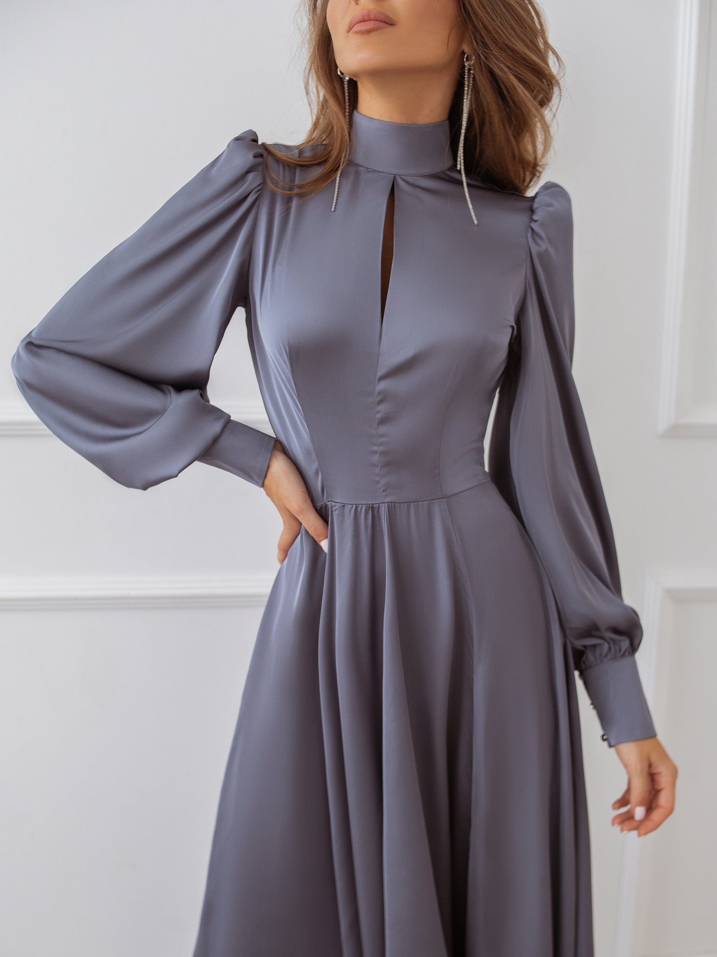 Graphite SILK LONG SLEEVE MAXI DRESS (ARTICLE C323)