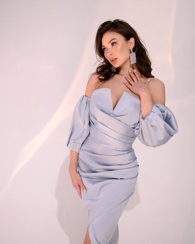 Gray-blue PUFF-SLEEVE MIDI DRESS (ARTICLE 289)