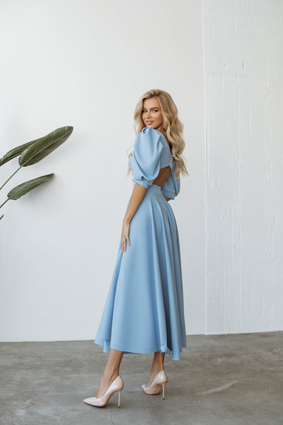 Sky-blue BACKLESS PUFF-SLEEVE MIDI DRESS (ARTICLE C383)