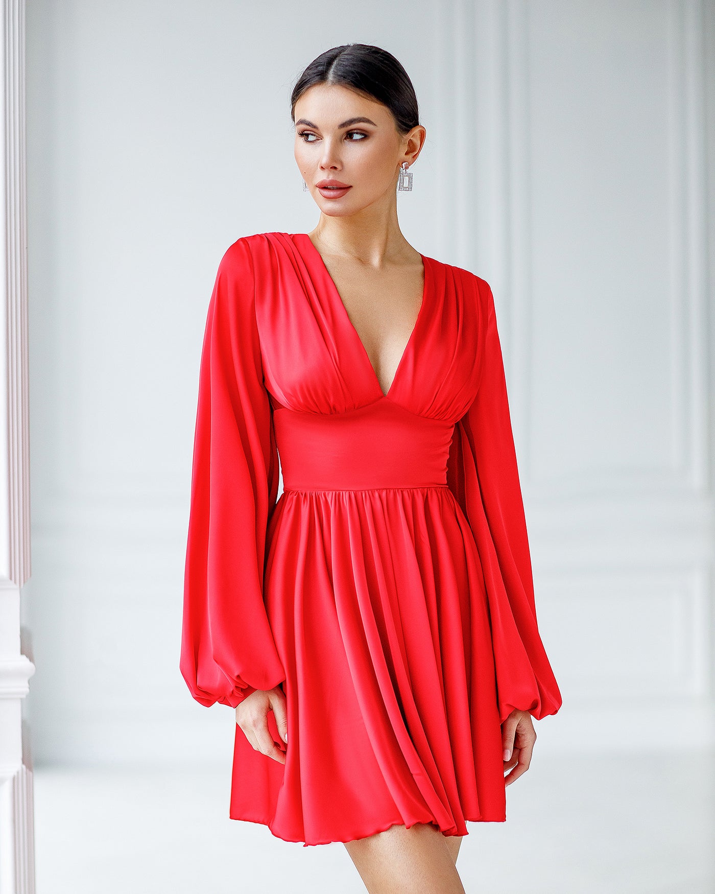 Red SILK PUFF SLEEVE MINI DRESS (ARTICLE 351)