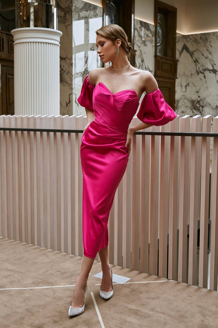 Crimson SWEETHEART PUFF-SLEEVE MIDI DRESS (ARTICLE 330)