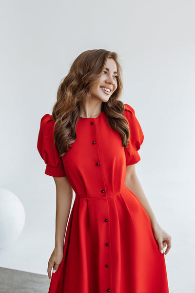 Red FITTED PUFF-SLEEVE MIDI DRESS (ARTICLE C390)