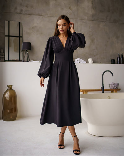 Black V-NECK PUFF-SLEEVE MIDI DRESS (ARTICLE 352)