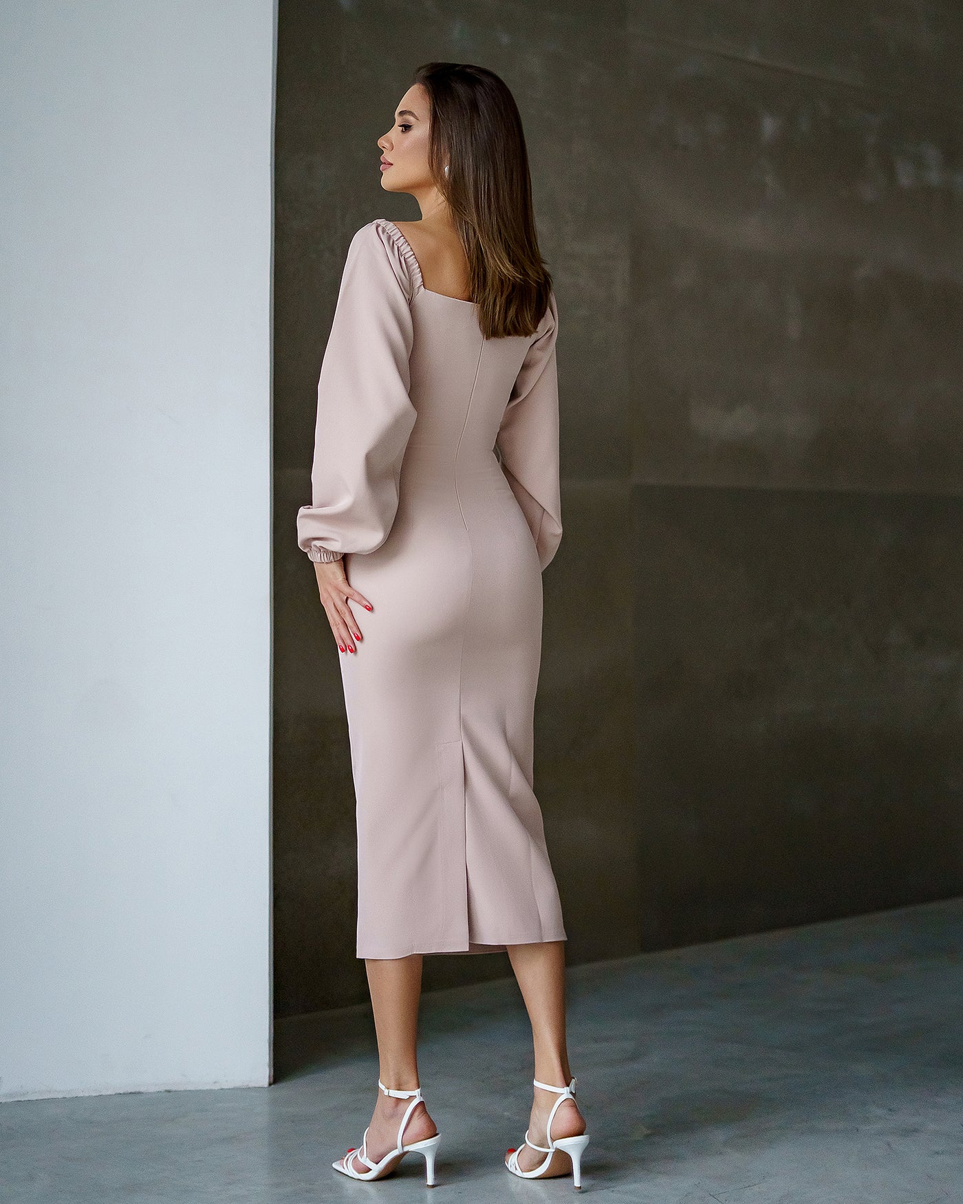 Beige PUFF-SLEEVE MIDI DRESS (ARTICLE 256)