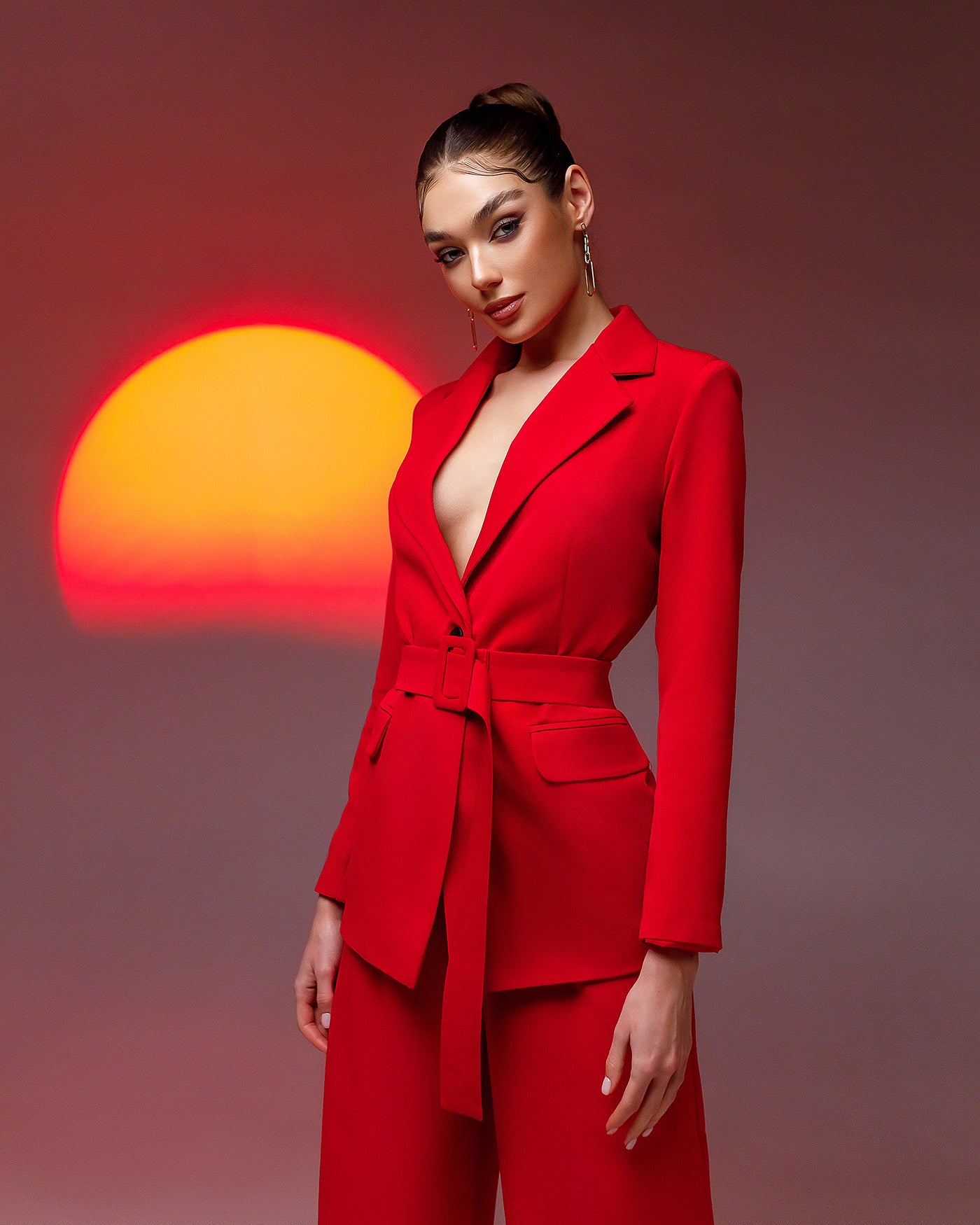 Red Belted Wide-Leg Suit 2-Piece (article 030)