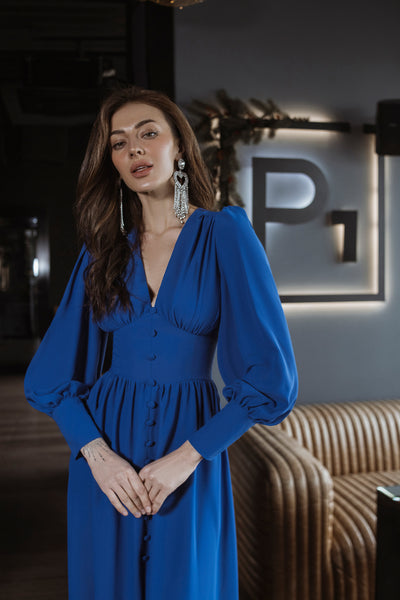 Blue V-NECK BUTTONED PUFF-SLEEVE MIDI DRESS (ARTICLE C392)