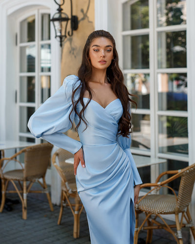 Sky blue SATIN PUFF-SLEEVE MIDI DRESS (ARTICLE 333)