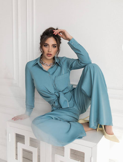 Blue Shirt & High Waist Pants 2-Piece Set (article 284)