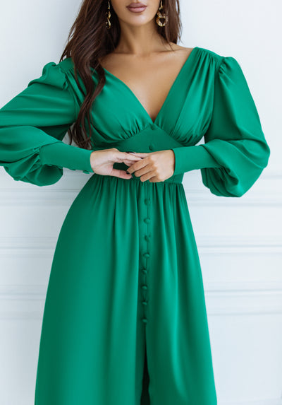 Green V-NECK BUTTONED PUFF-SLEEVE MIDI DRESS (ARTICLE C392)