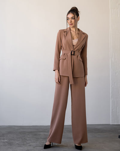 Camel Belted Wide-Leg Suit 2-Piece (article 030)