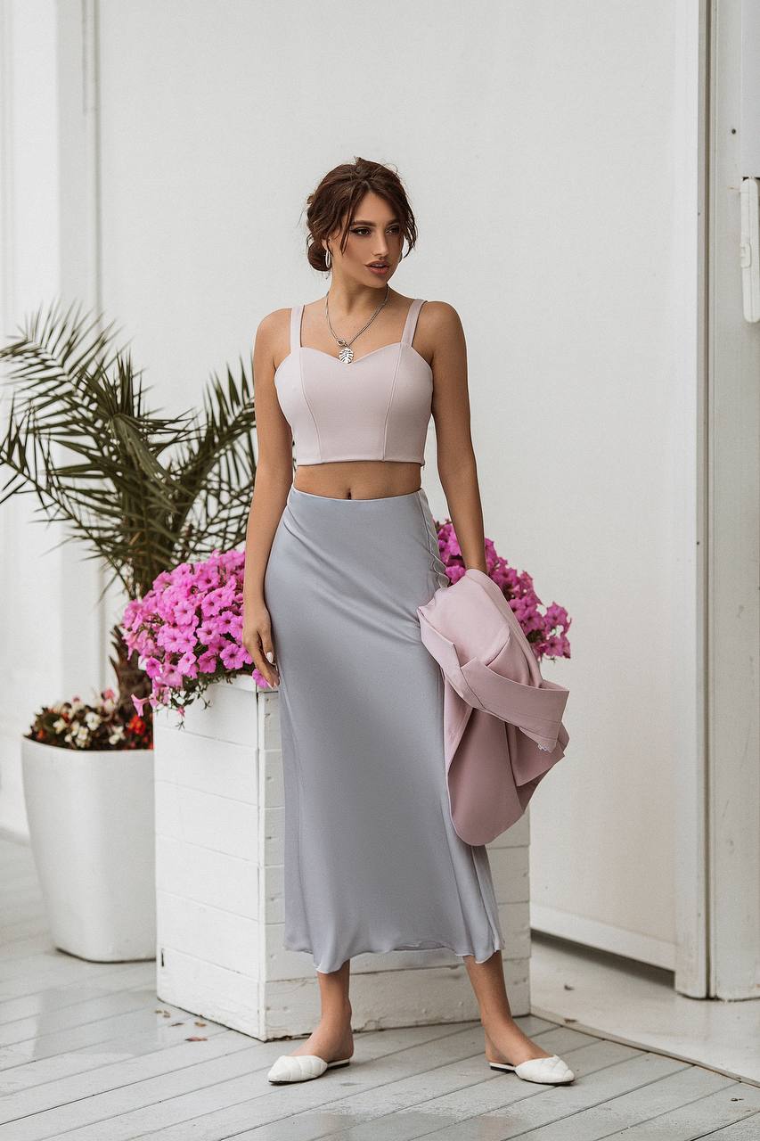 Grey Silk High Waist Maxi Skirt