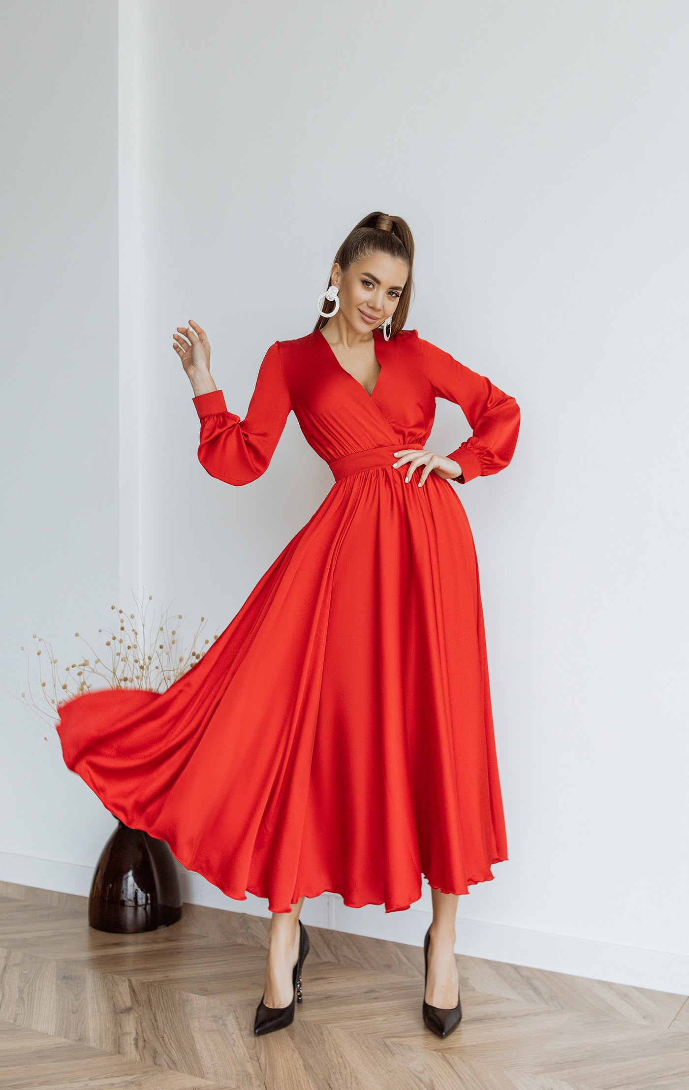 Red MIDI LONG SLEEVE DRESS (ARTICLE C393)