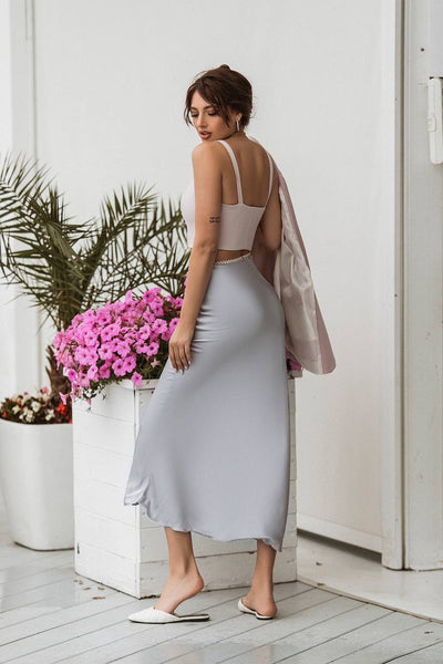 Grey Silk High Waist Maxi Skirt