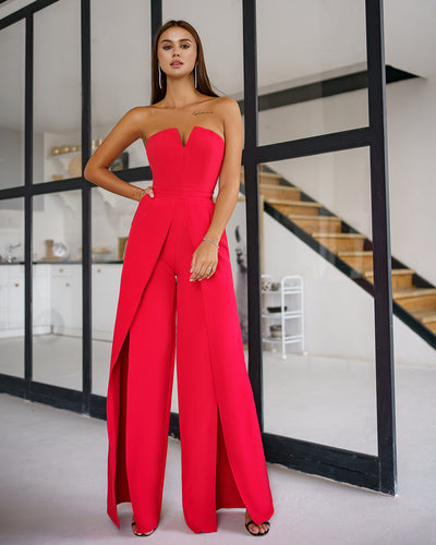 Red Strapless V-Neck Jumpsuit (article 323)