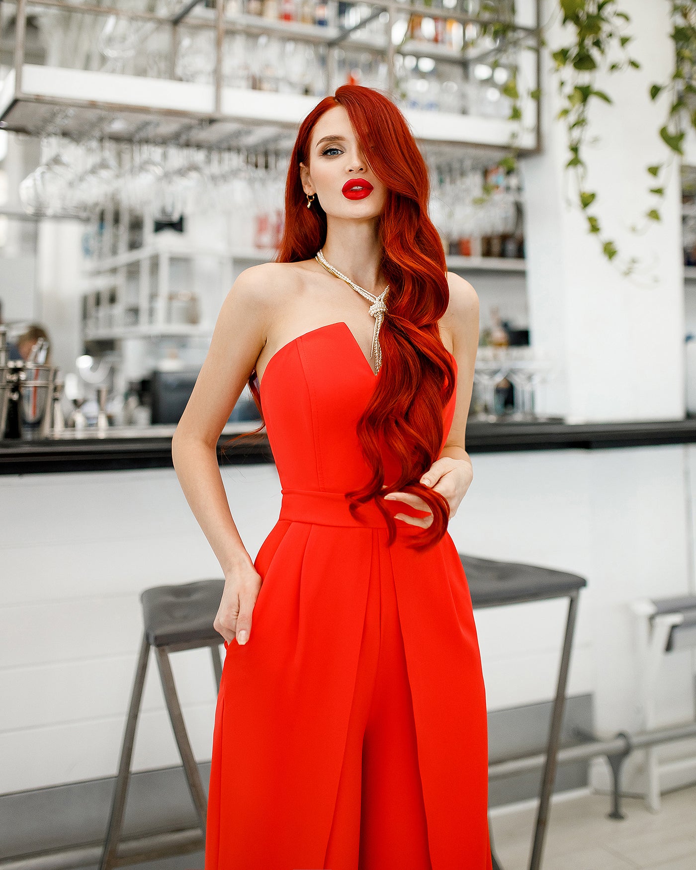 Red Strapless V-Neck Jumpsuit (article 323)