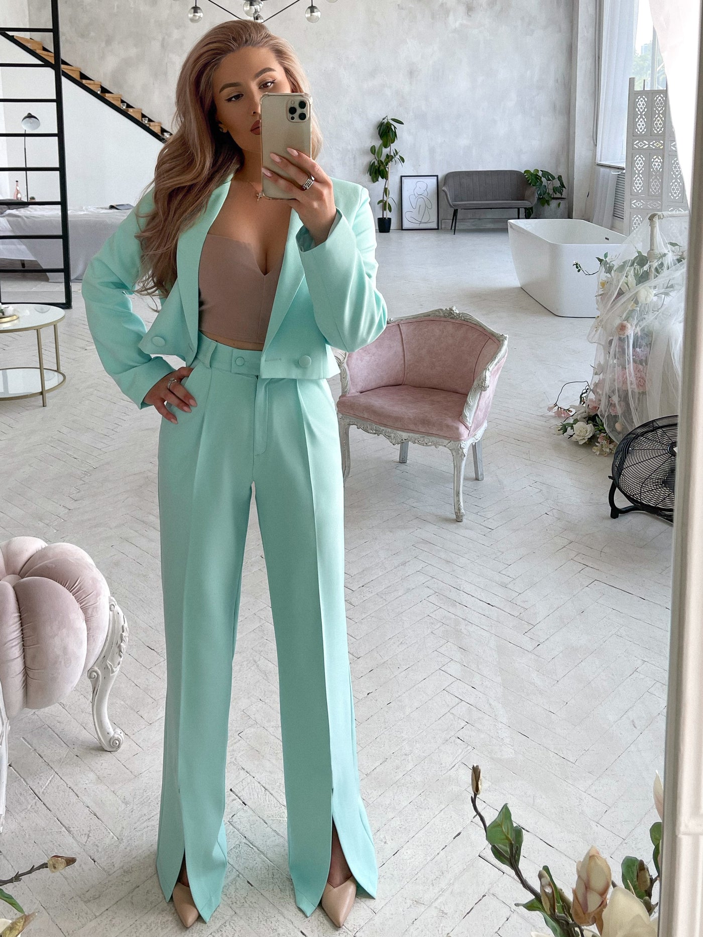 Tiffany-Blue Crop Jacket Suit 2-Piece (article 334)