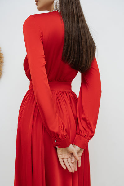 Red MIDI LONG SLEEVE DRESS (ARTICLE C393)