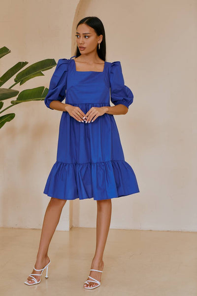 Blue SQUARE NECK PUFF-SLEEVE MINI DRESS (ARTICLE 346)