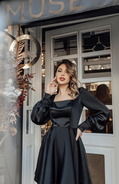 Black Satin Long Sleeve Mini Dress (article 310)