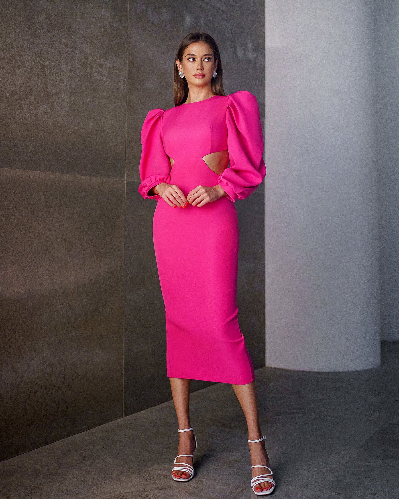 Crimson BACKLESS CUT-OUT PUFF-SLEEVE MIDI DRESS (ARTICLE 350)