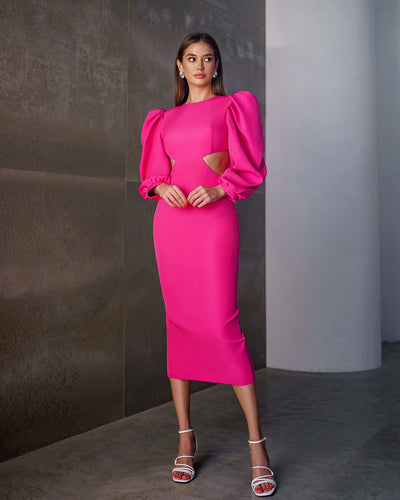 Crimson BACKLESS CUT-OUT PUFF-SLEEVE MIDI DRESS (ARTICLE 350)