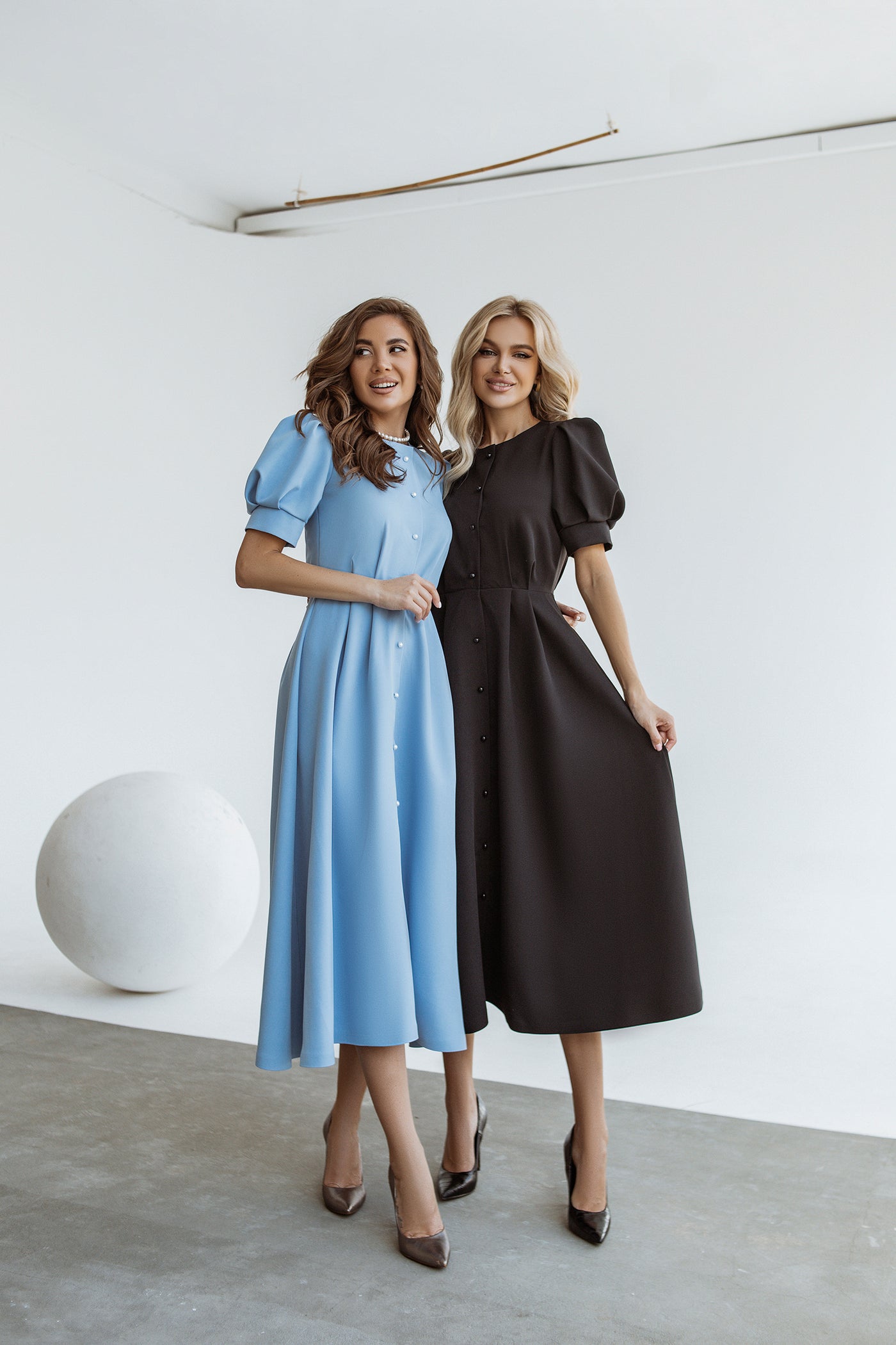 Sky-blue FITTED PUFF-SLEEVE MIDI DRESS (ARTICLE C390)