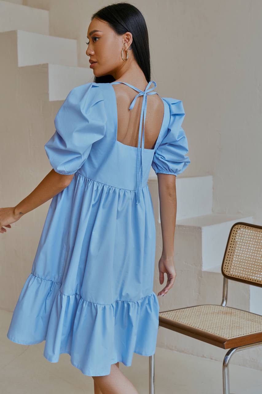 Sky-Blue Square Neck Puff-Sleeve Mini Dress (article 346)