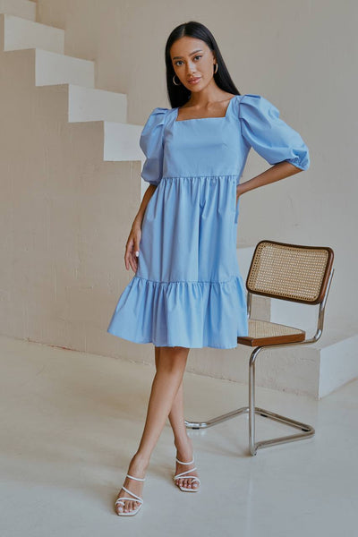 Sky-Blue Square Neck Puff-Sleeve Mini Dress (article 346)