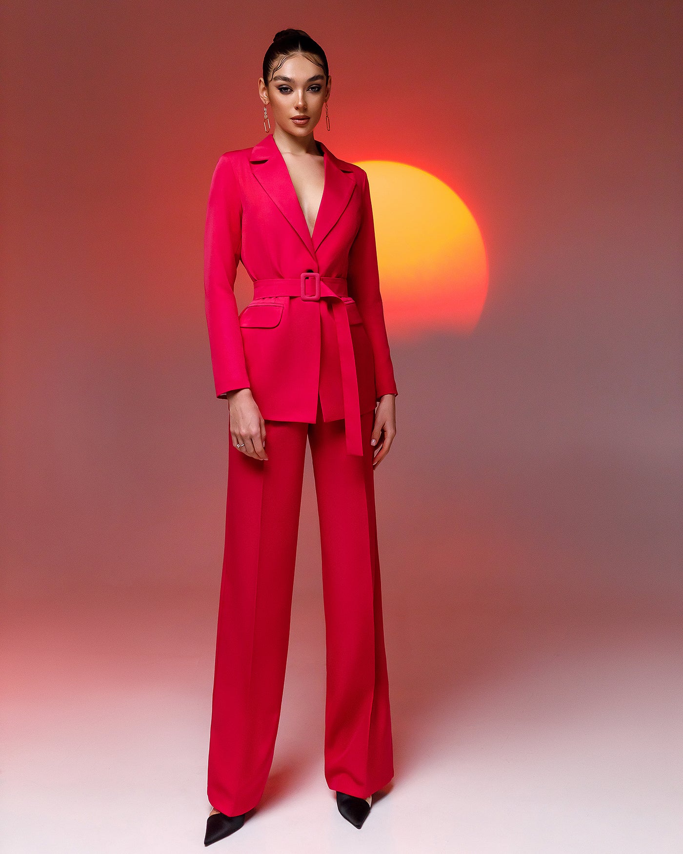 Crimson Belted Wide-Leg Suit 2-Piece (article 030)