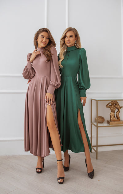 Emerald Silk Long Sleeve Maxi Dress (article C323)