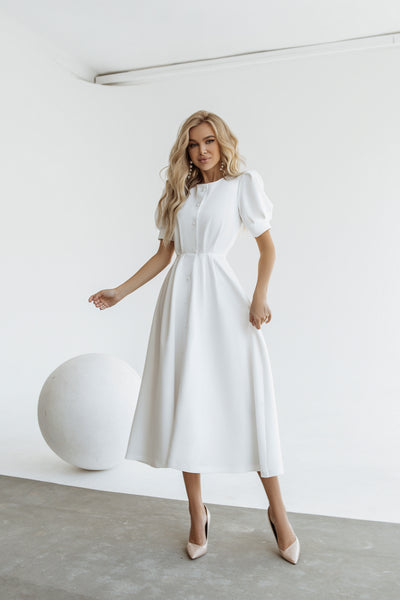 White fitted PUFF-SLEEVE MIDI DRESS (ARTICLE C390)