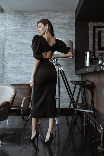 Black BACKLESS PUFF-SLEEVE MIDI DRESS (ARTICLE C395)