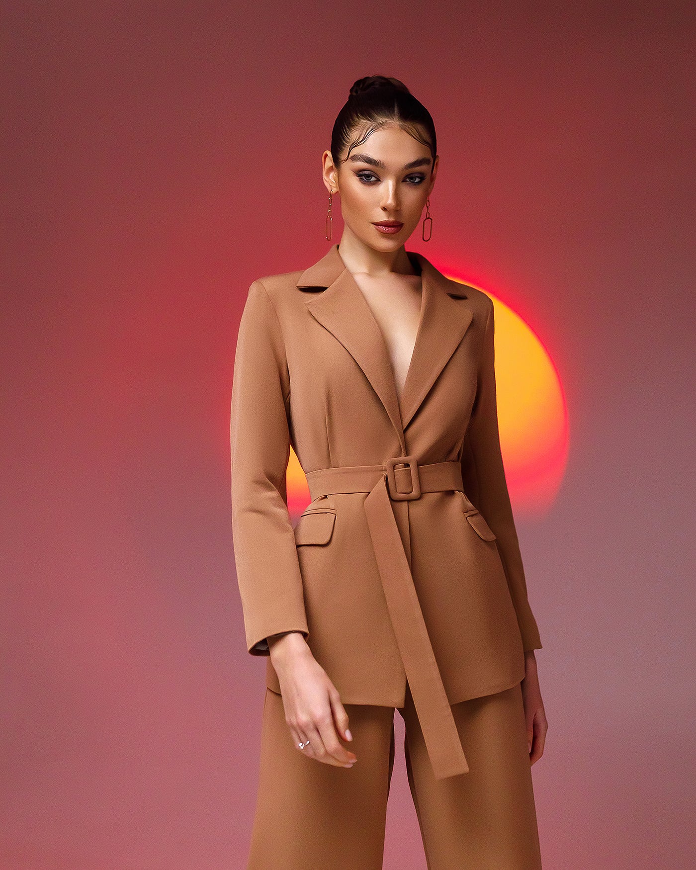 Camel Belted Wide-Leg Suit 2-Piece (article 030)