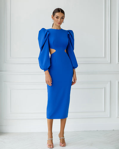 Blue Backless Cut-Out Puff-Sleeve Midi Dress (article 350)