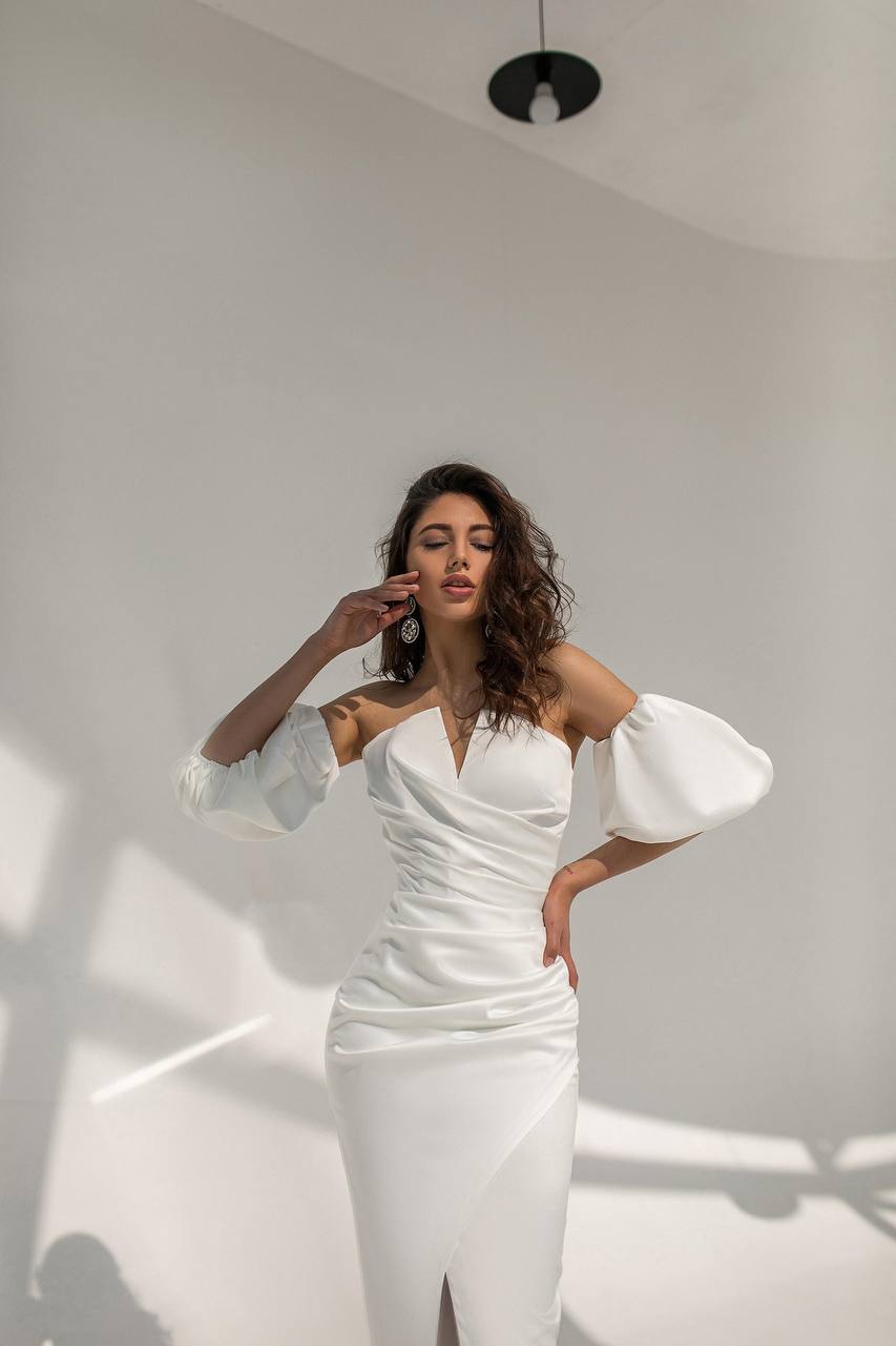 White Satin Puff-Sleeve Midi Dress (article 289)