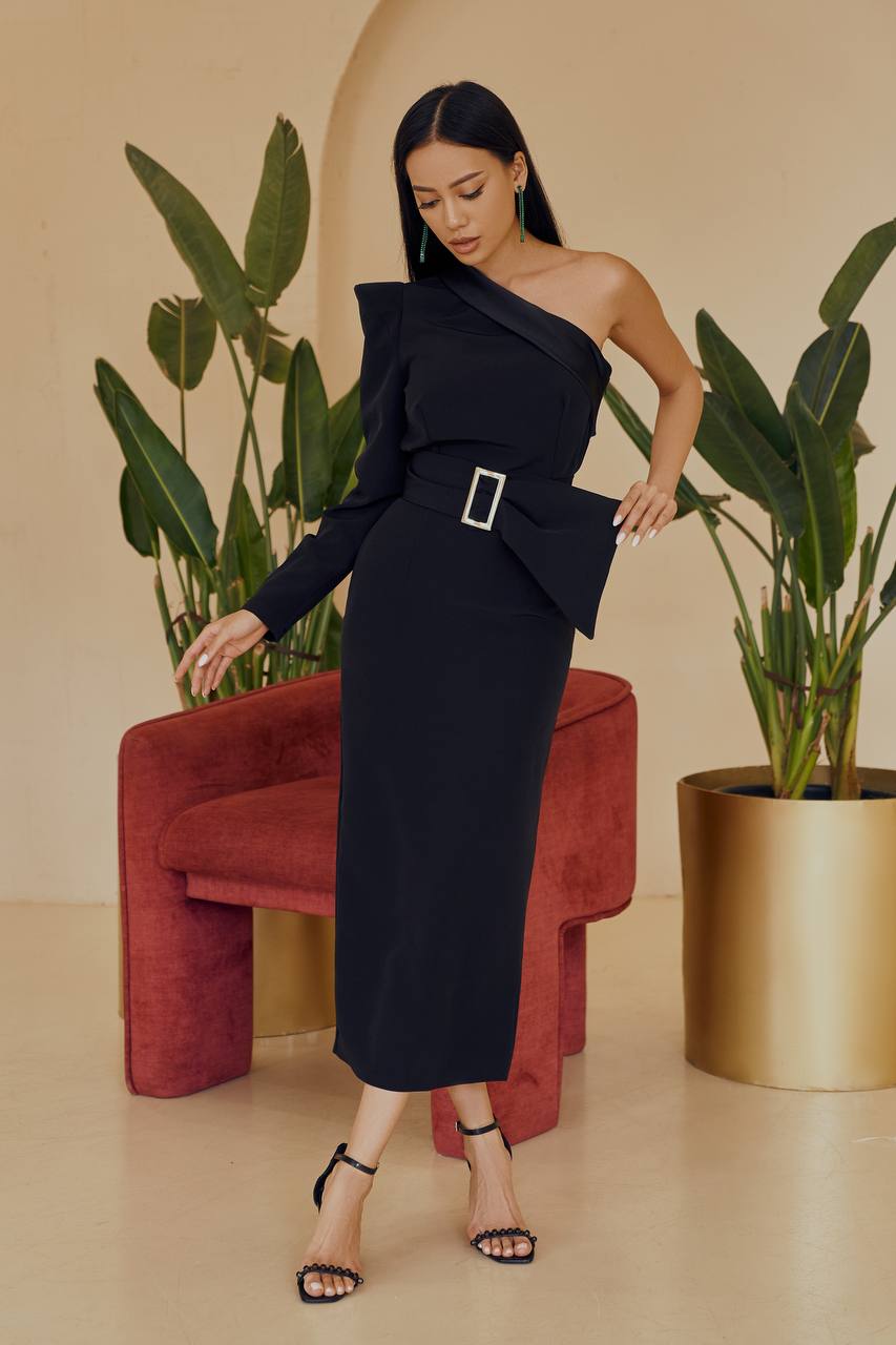 Black ONE-SHOULDER BELTED MIDI DRESS (ARTICLE 343)