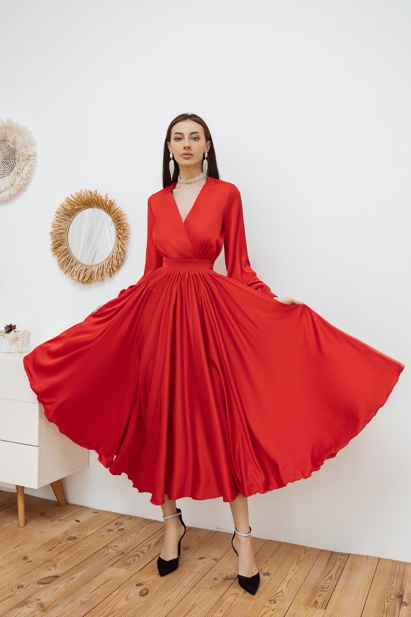 Red MIDI LONG SLEEVE DRESS (ARTICLE C393)