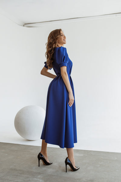 Blue FITTED PUFF-SLEEVE MIDI DRESS (ARTICLE C390)