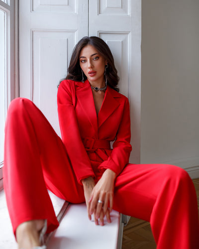 Red Belted Wide-Leg Suit 2-Piece (article 030)