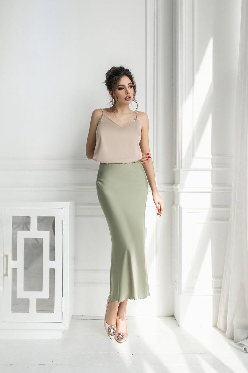 Olive Silk High Waist Maxi Skirt