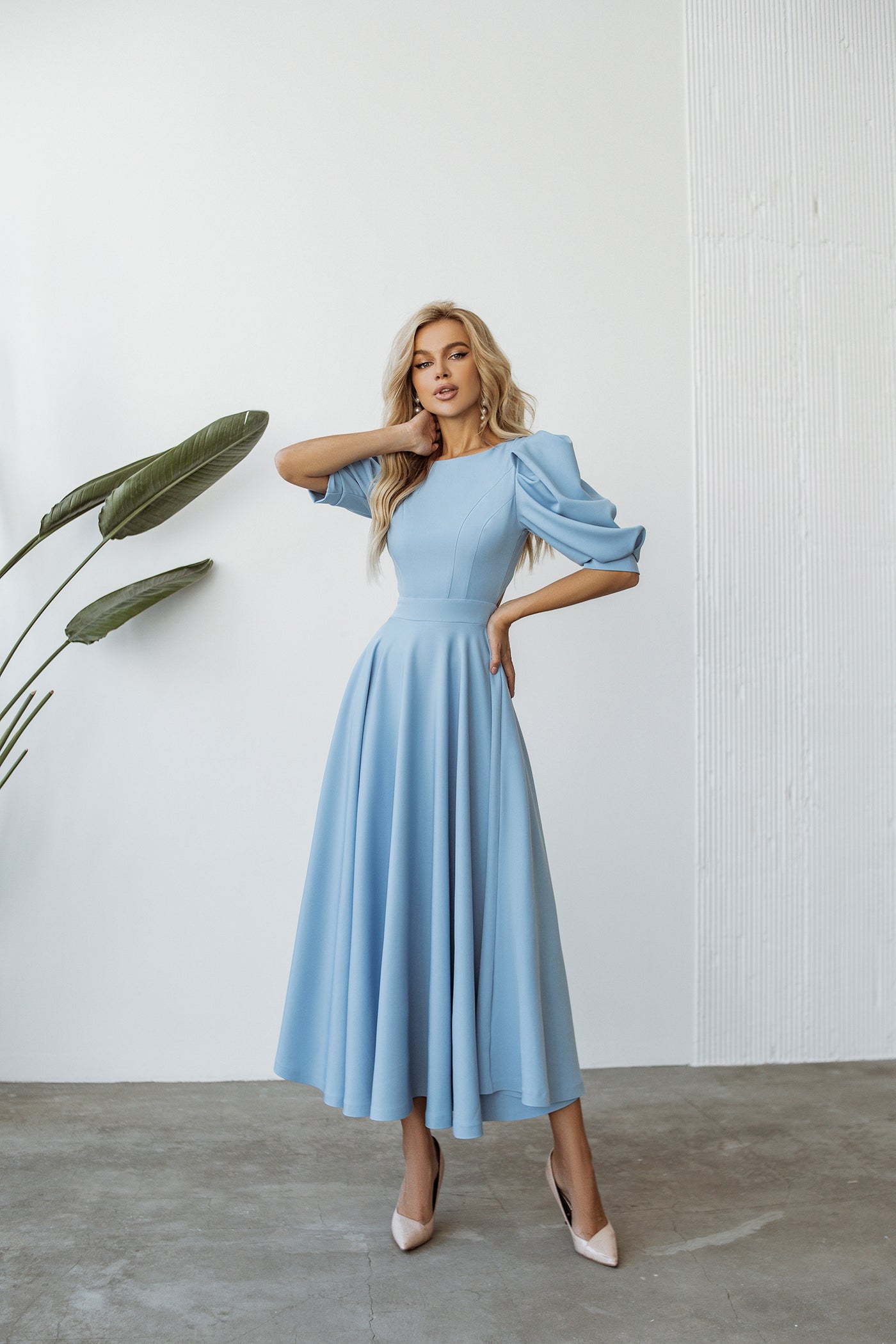 Sky-blue BACKLESS PUFF-SLEEVE MIDI DRESS (ARTICLE C383)