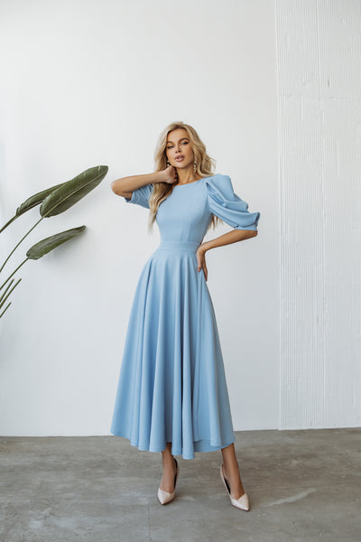 Sky-blue BACKLESS PUFF-SLEEVE MIDI DRESS (ARTICLE C383)